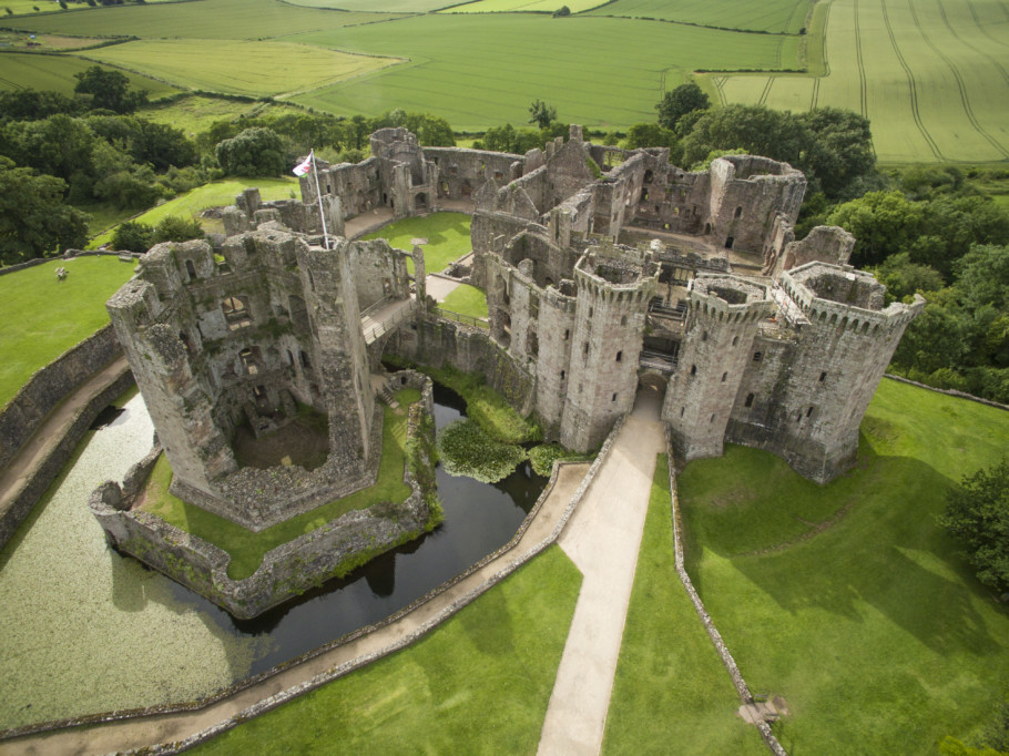 Aerial shot of Raglan Castle, Wales